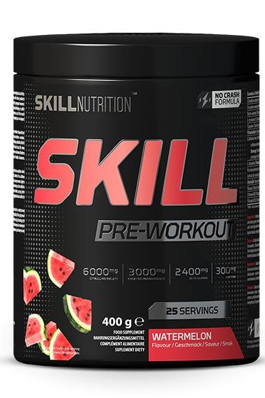 Skill Nutrition Pre-Workout in watermelon flavor, 400g container, advanced no-crash formula for energy and focus.