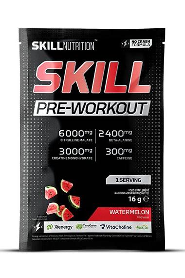 Skill Nutrition Pre-Workout in Watermelon flavor with ingredients like Citrulline Malate and Caffeine, energizing boost for workouts.