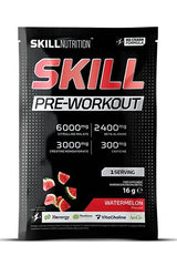 Skill Nutrition Pre-Workout in Watermelon flavor with ingredients like Citrulline Malate and Caffeine, energizing boost for workouts.