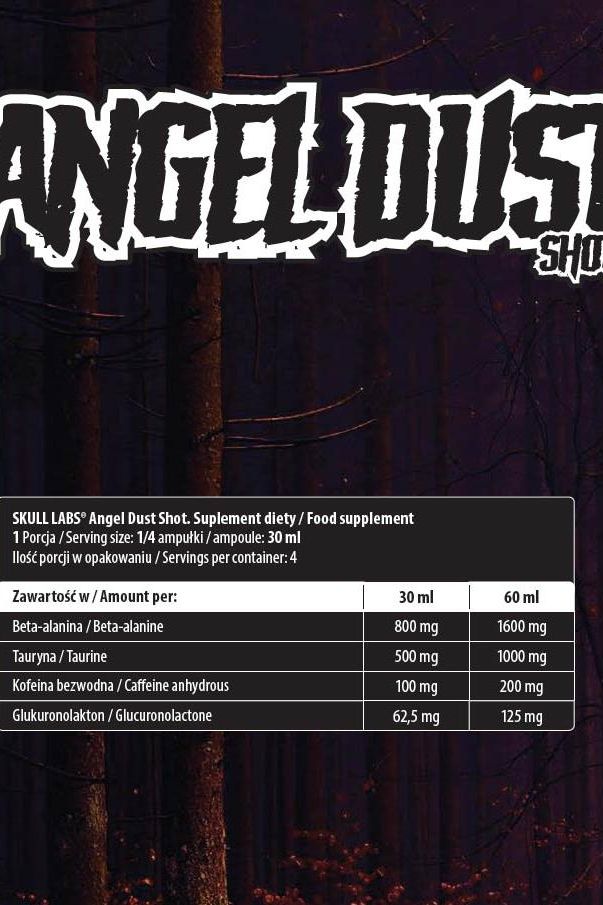 Skull Labs Angel Dust Shot Box supplement nutritional information and serving details in a forest background.