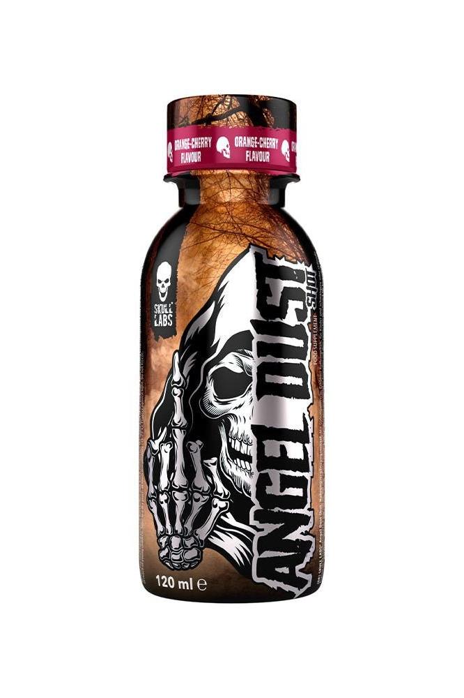 Skull Labs Angel Dust Shot 120ml, pre-workout supplement with orange-cherry flavor in a sleek bottle.