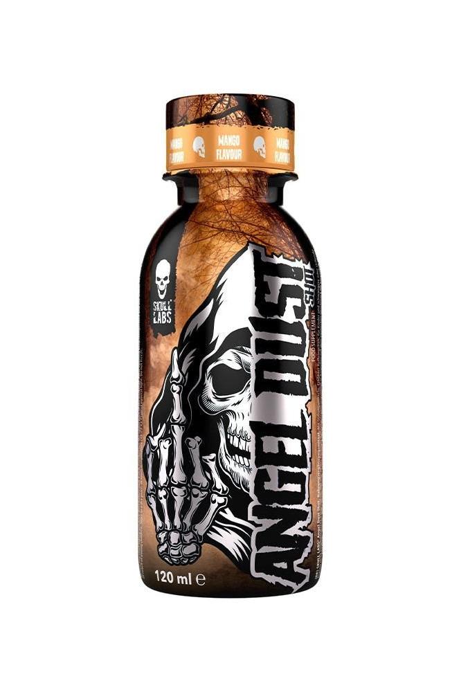 Skull Labs Angel Dust Shot in a sleek bottle with a skull design, 120ml pre-workout supplement for energy and focus.