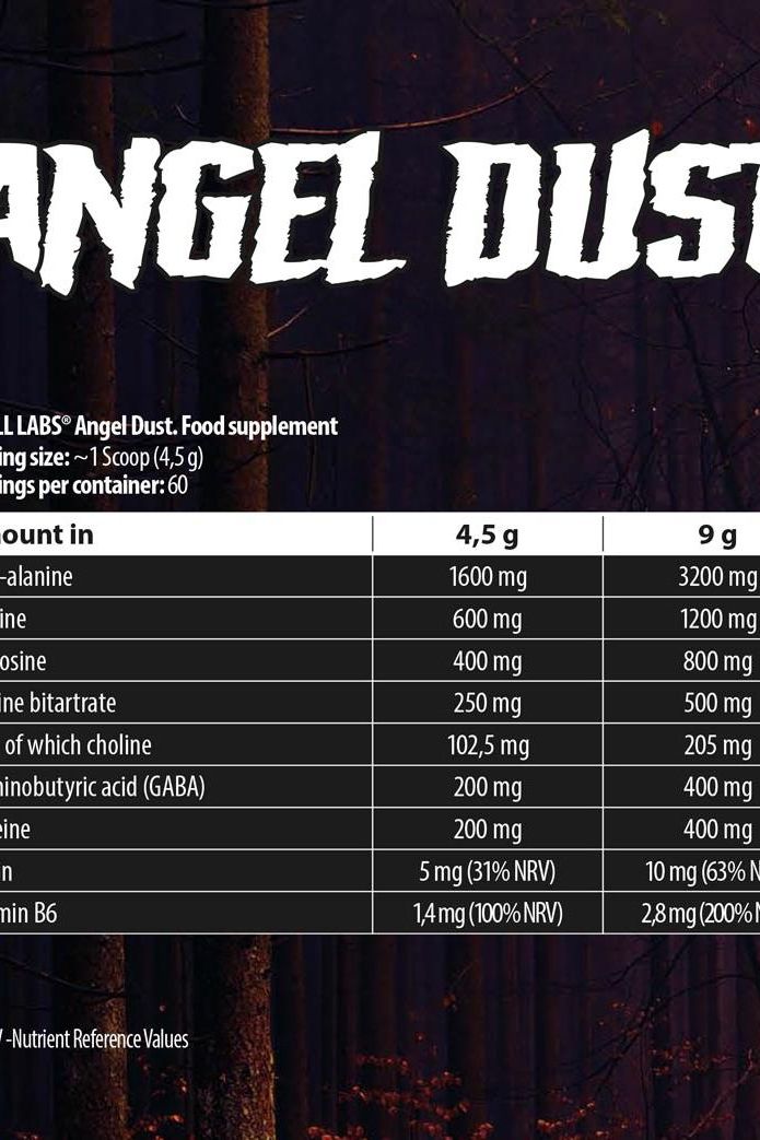 Nutritional information for Skull Labs Angel Dust food supplement, showing ingredients and dosages per serving.