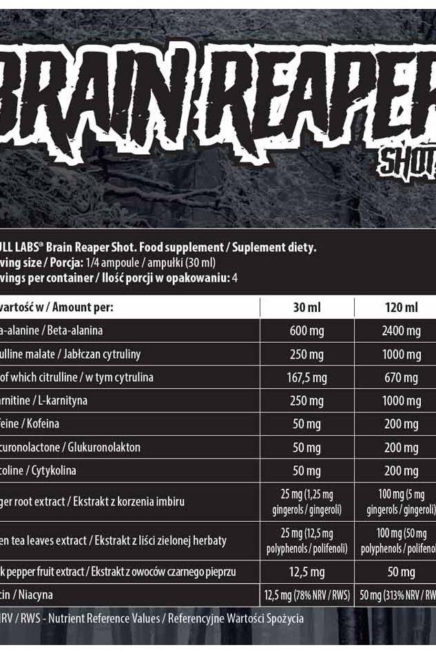 Skull Labs Brain Reaper Shot Box nutritional panel showing ingredients and their amounts per serving.