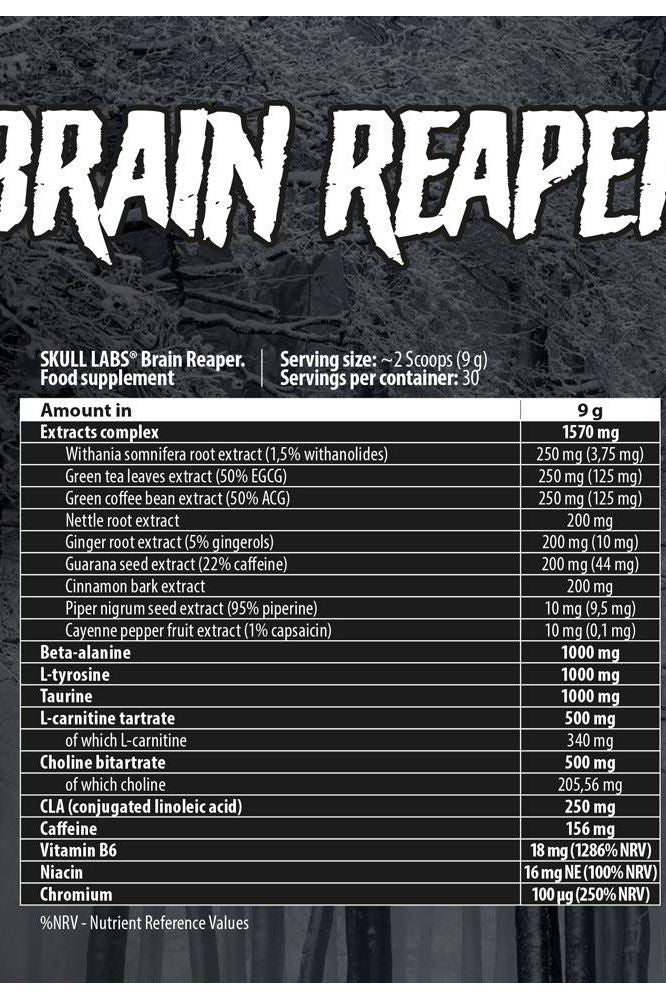 Nutrition label for Skull Labs Brain Reaper featuring ingredients and supplement facts.