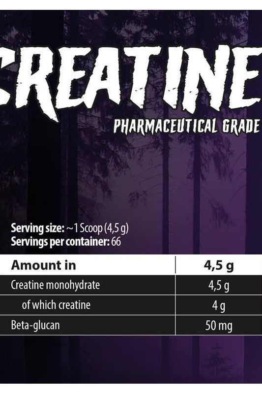 Nutritional information for Skull Labs Creatine showing serving size, creatine monohydrate, and beta-glucan content.