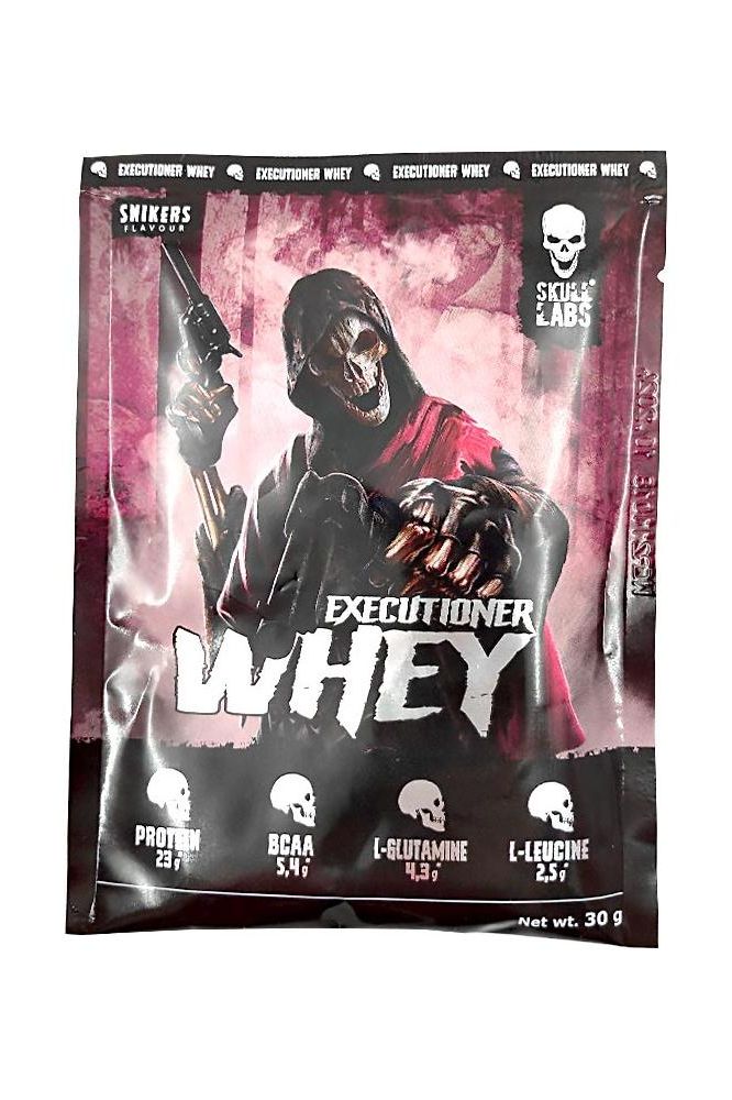 Skull Labs Executioner Whey protein sample pack, featuring nutritional info and striking graphic design.