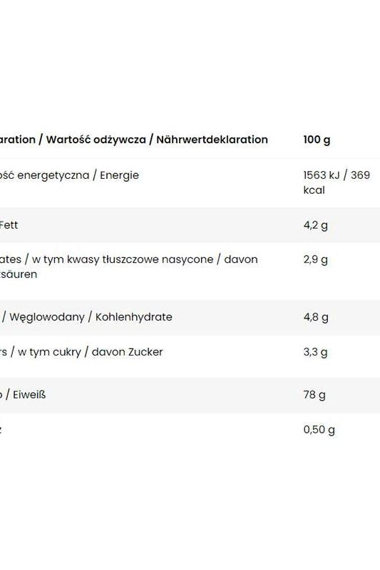 Nutritional information table for Skull Labs Executioner Whey protein per 100g including calories, fats, carbohydrates, and protein.