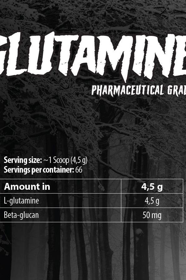 Nutrition label for Skull Labs Glutamine showing servings and ingredients, including L-glutamine and beta-glucan.