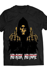 Skull Labs black and gold 'No Risk, No Fame' T-shirt featuring a skeleton design, ideal for workouts.