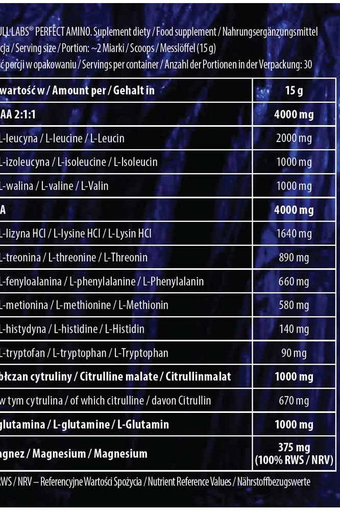 Skull Labs Perfect Amino supplement facts label showing aminos, BCAA, EAA, and ingredient dosages for pre-workout.