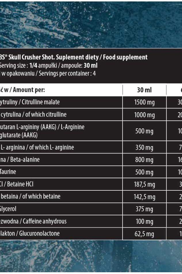Nutrition label for Skull Labs Skull Crusher Shot, detailing ingredients and amounts per 30 ml serving.