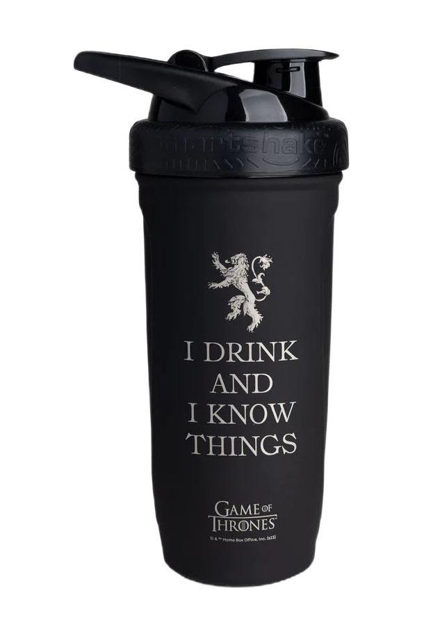 SmartShake Game of Thrones shaker bottle with slogan 'I Drink And I Know Things', durable design, leak-proof.