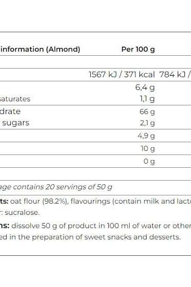 Nutrition table for Almond flavored oat flour, detailing calories and nutrients per 100g.