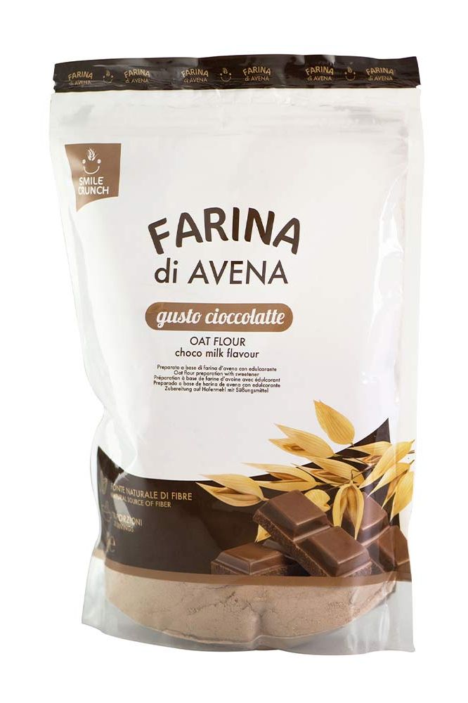 Smile Crunch flavored oat flour with chocolate milk flavor in a resealable bag.