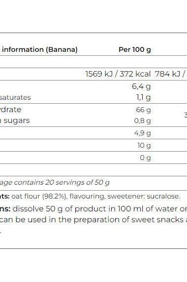Nutritional information for Smile Crunch flavored oat flour, showing calories and nutrients per 100g.