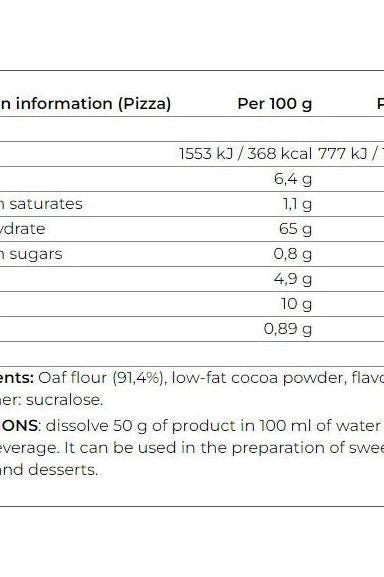 Nutritional information table for Smile Crunch flavored oat flour including key ingredients and usage instructions.
