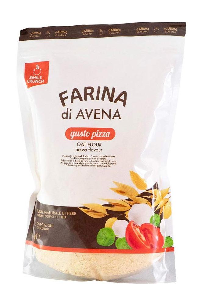 Smile Crunch pizza flavored oat flour package, rich in nutrients and high-fiber for healthy recipes.