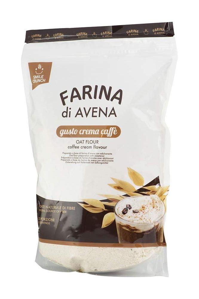 Smile Crunch flavored oat flour with coffee cream flavor in a resealable package.