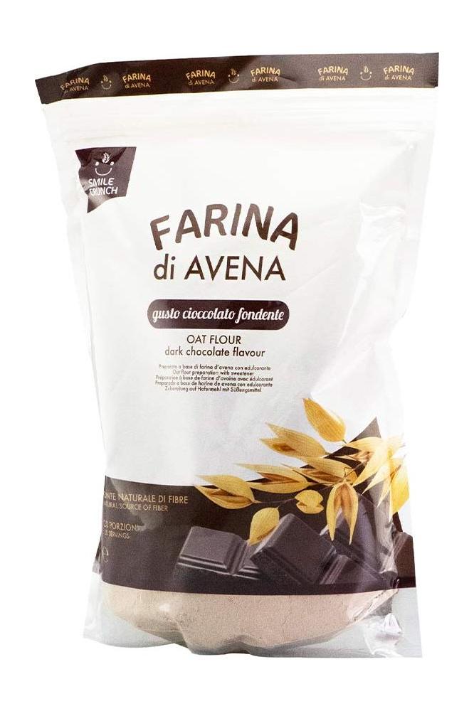 Smile Crunch flavored oat flour packaging featuring dark chocolate flavor with oats and chocolate chunks.