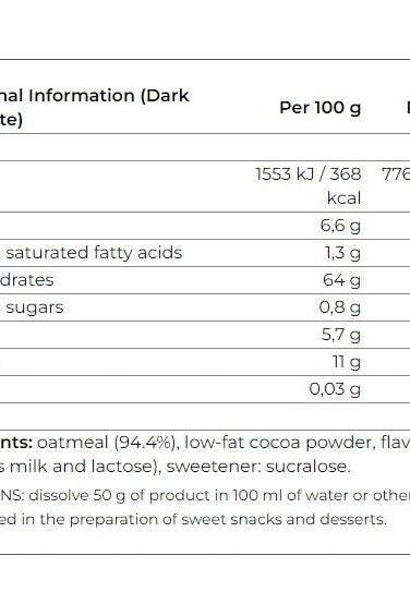 Nutritional information and ingredients list for Smile Crunch Flavored Oat Flour (Dark Chocolate) per 100g.