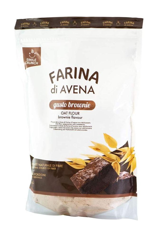 Smile Crunch flavored oat flour bag with brownie flavor, rich in fiber and essential nutrients.