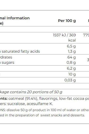 Nutritional information for Smile Crunch Flavored Oat Flour, displaying calories, ingredients, and serving sizes.