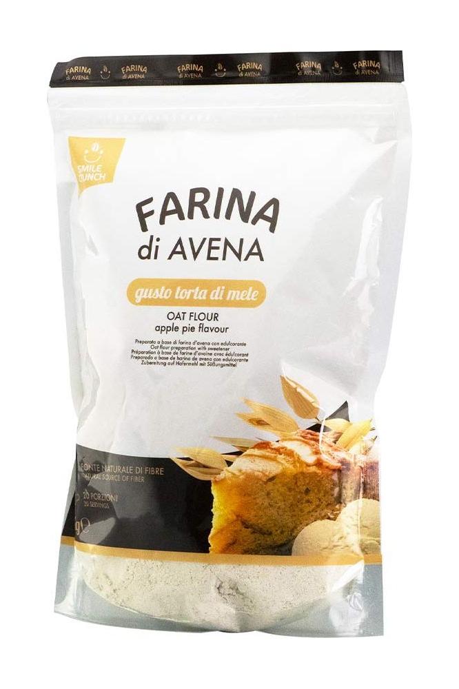 Smile Crunch flavored oat flour packaging, apple pie flavor, rich in nutrients and fiber for healthy recipes.