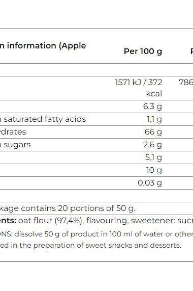 Nutrition information for Smile Crunch flavored oat flour, including calories and nutrient breakdown per 100g.