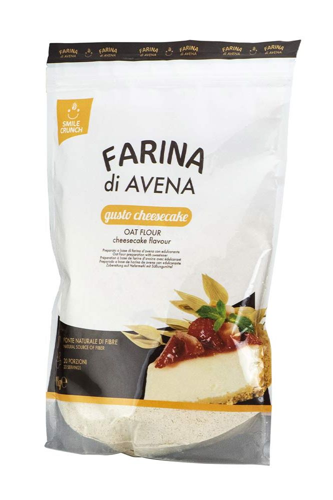 Smile Crunch cheesecake flavored oat flour package with vibrant design for healthy baking and cooking.