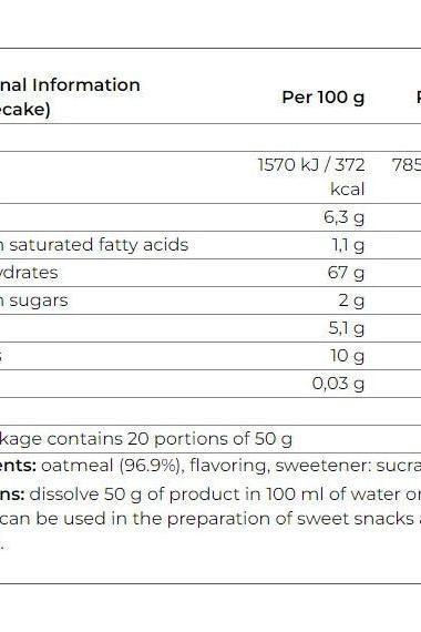 Nutritional information table for Smile Crunch flavored oat flour, detailing calories and ingredients.