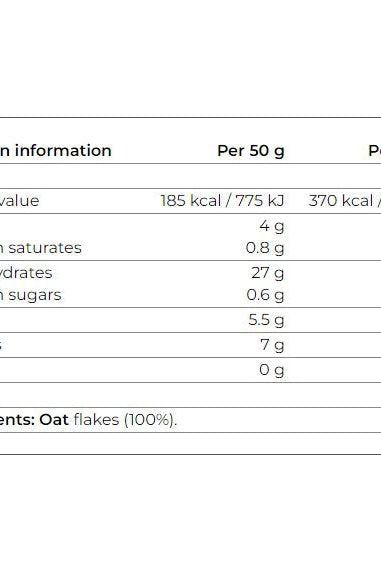 Nutrition information for Smile Crunch Natural Maxi Oat Flakes, detailed per 50g and 1000g serving.