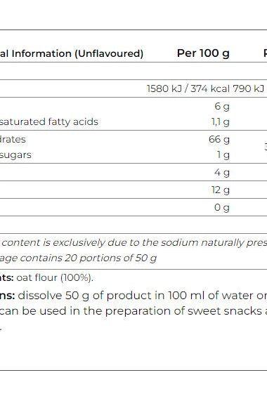 Nutrition information for Smile Crunch oat flour per 100g, detailing calories, fats, carbohydrates, and serving suggestions.