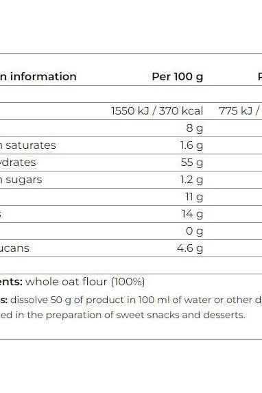 Nutrition information for Smile Crunch Whole Oat Flour, detailing calories and ingredients for healthy baking.