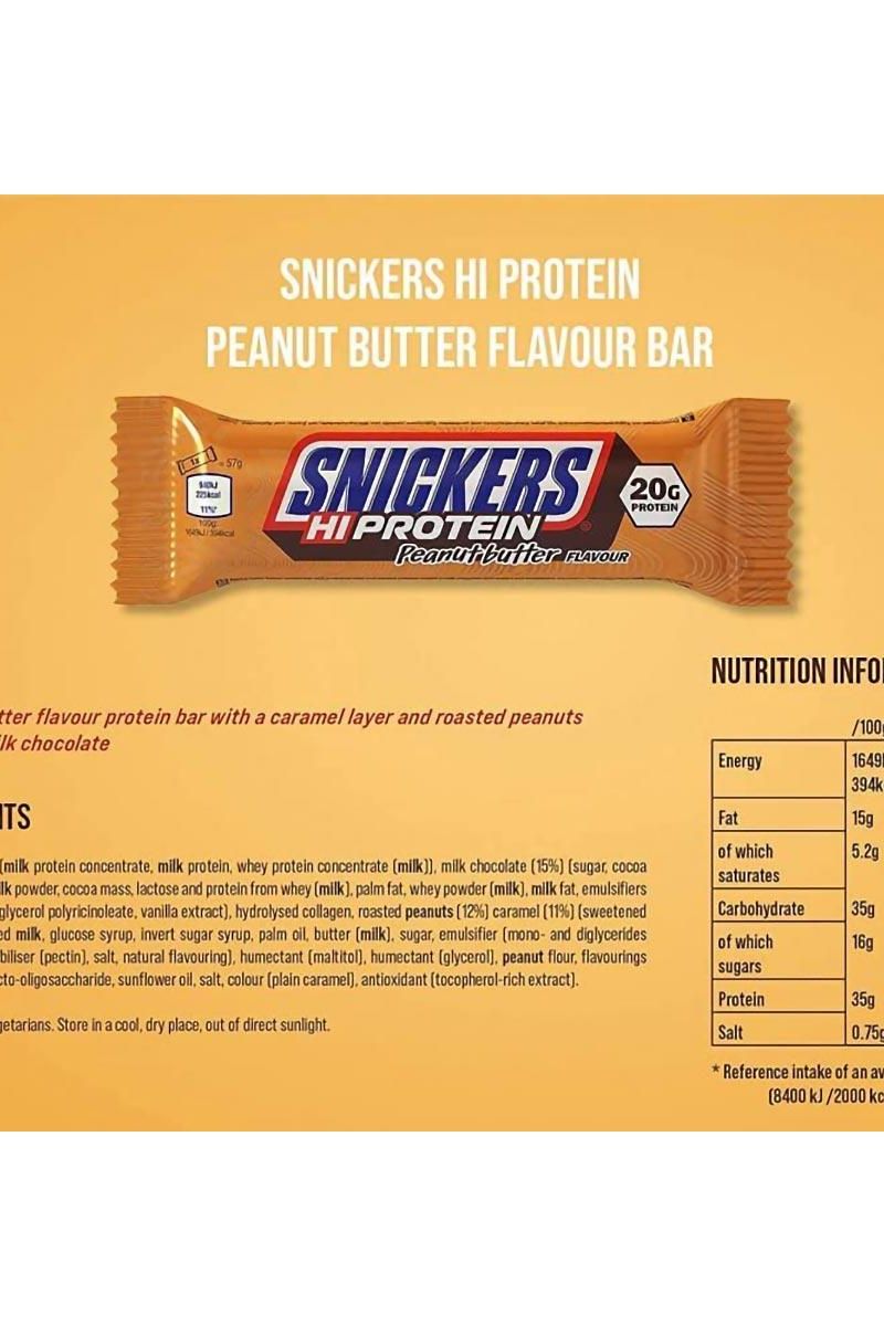 Snickers Hi Protein Bar in Peanut Butter flavor, featuring 20g protein, chocolate coating, and nutritional info.