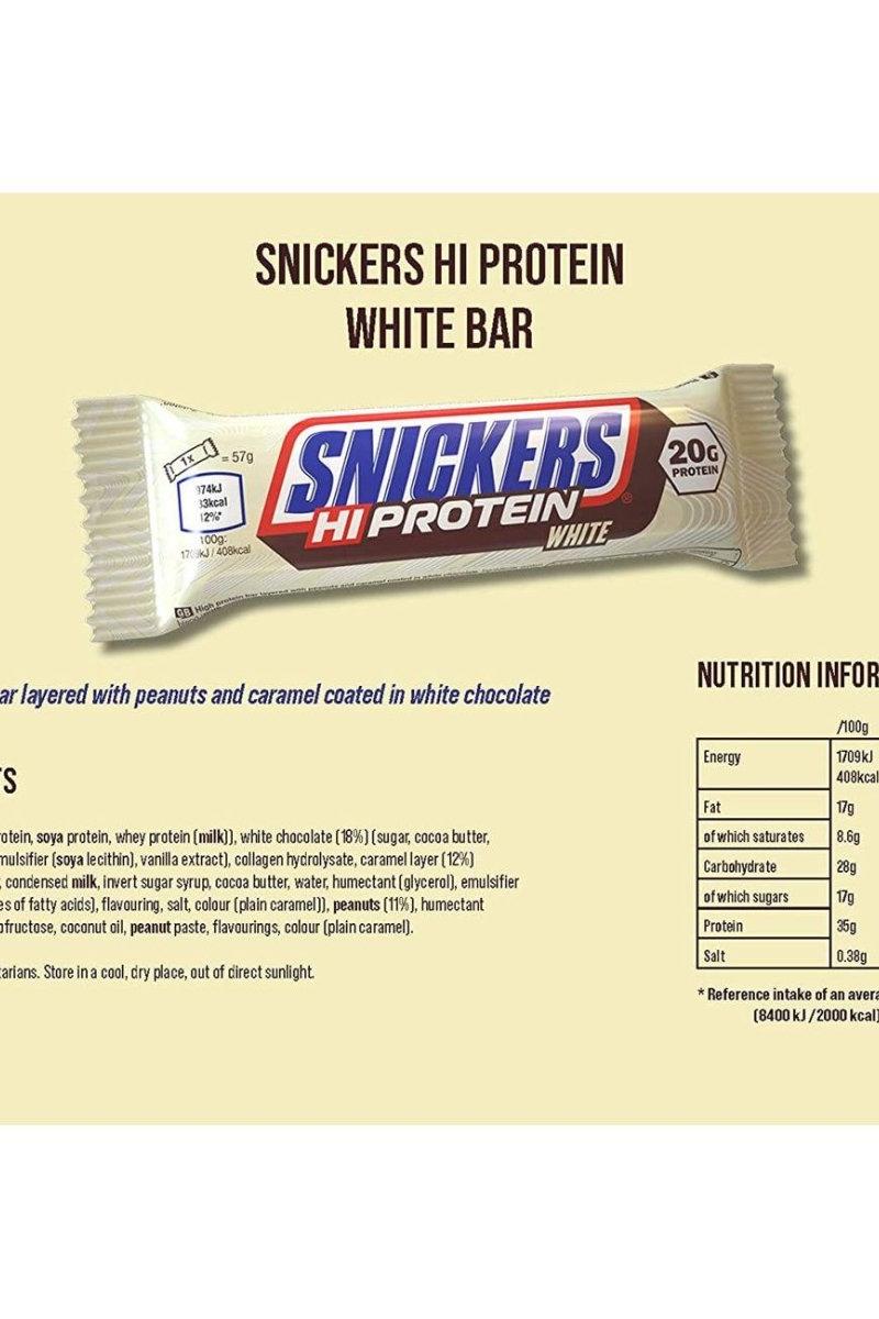 Snickers Hi Protein White Bar packaging displaying 20g protein, nutritional info, and ingredients.