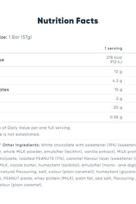 Nutrition facts for Snickers White High Protein Bar, including calories, protein, and ingredients.