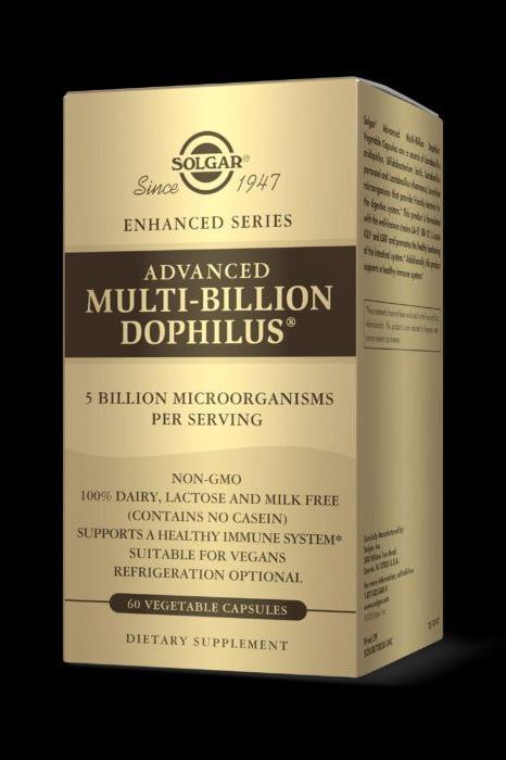 Solgar Advanced Multi-Billion Dophilus dietary supplement box, 60 vegetable capsules, supports digestion and immune health.