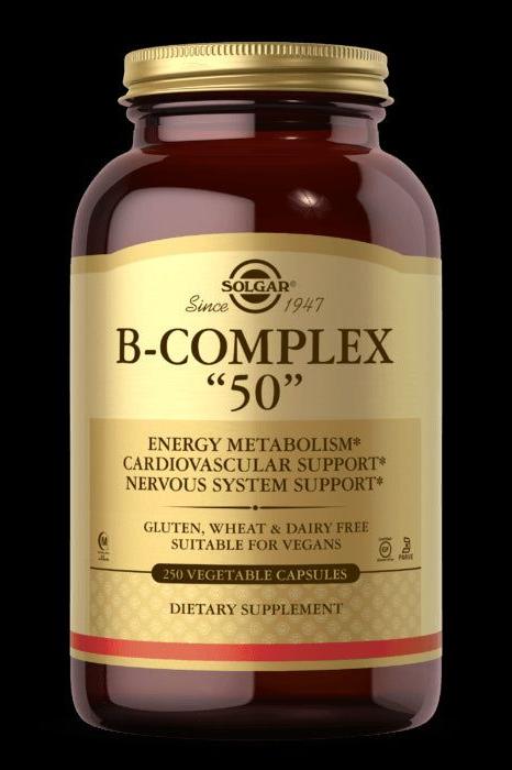 Solgar B-Complex 50 dietary supplement bottle for energy metabolism and nervous system support, 250 vegetable capsules.