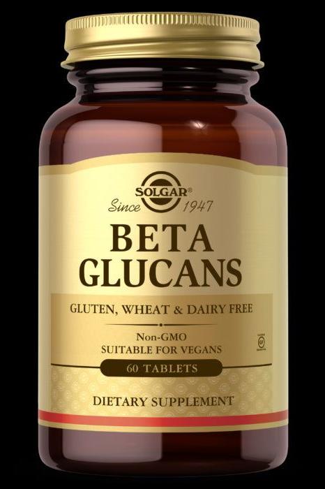 Solgar Beta Glucans dietary supplement bottle with 60 tablets, gluten, wheat, and dairy free, suitable for vegans.