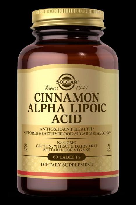 Solgar Cinnamon Alpha Lipoic Acid dietary supplement bottle, supports healthy blood sugar metabolism, 60 tablets.
