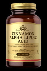 Solgar Cinnamon Alpha Lipoic Acid dietary supplement bottle, supports healthy blood sugar metabolism, 60 tablets.