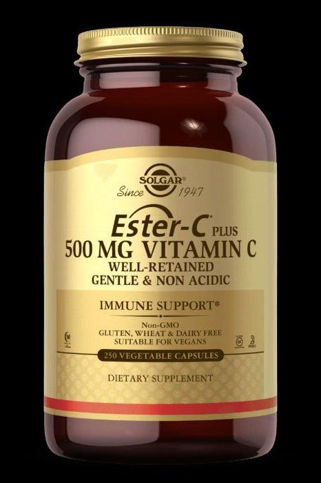 Solgar Ester-C Plus supplement with 500mg Vitamin C in a brown bottle for immune support, vegan-friendly and non-acidic.