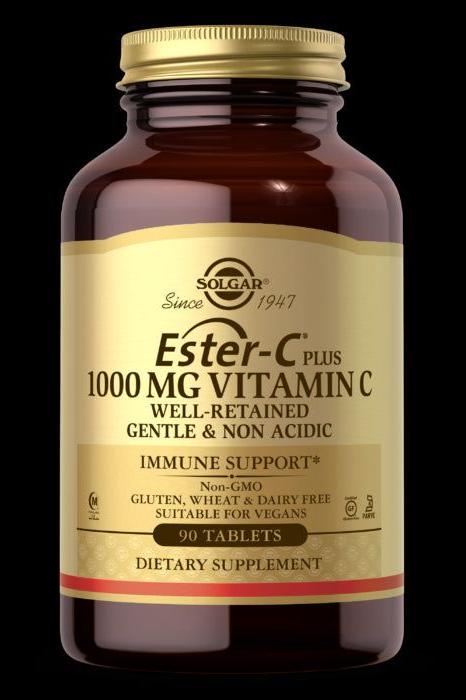 Solgar Ester-C Plus Vitamin C supplement bottle with 1000 mg, 90 tablets for immune support and non-acidic formula.