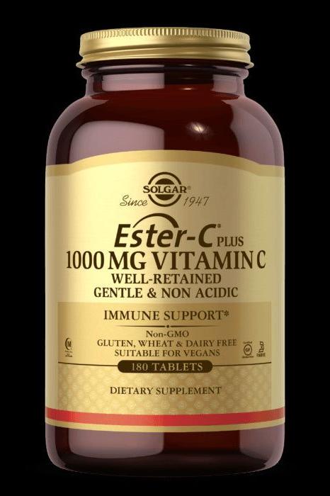 Solgar Ester-C Plus 1000 mg Vitamin C dietary supplement for immune support, non-acidic with 180 tablets.