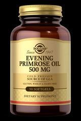Solgar Evening Primrose Oil 500mg supplement bottle, containing 90 softgels, gluten, wheat, and dairy free.