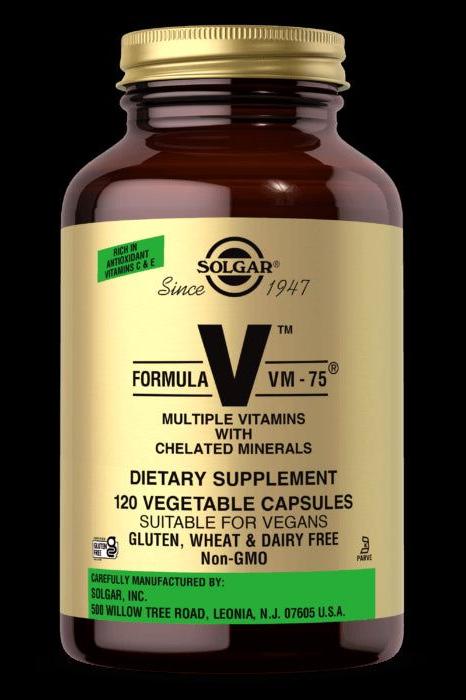 Solgar Formula VM-75 dietary supplement bottle with 120 vegetable capsules, supports health with vitamins and minerals.