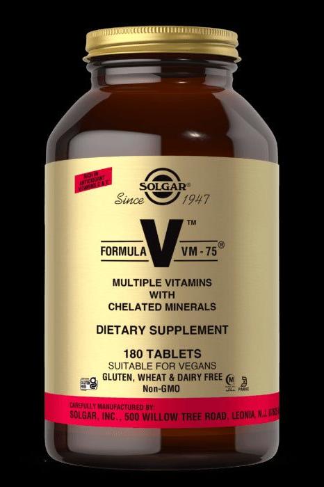 Solgar Formula Vm-75 dietary supplement, 180 tablets, containing multiple vitamins and chelated minerals.
