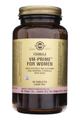 Solgar VM-Prime for Women multivitamin bottle with 90 sugar-free tablets, designed for women's health.