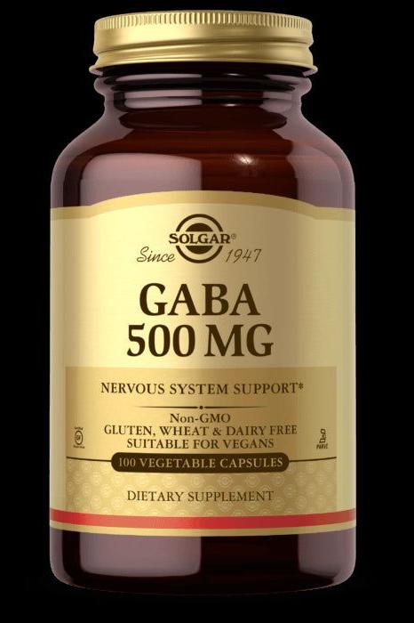 Solgar GABA 500 mg dietary supplement bottle with 100 vegetable capsules for nervous system support.